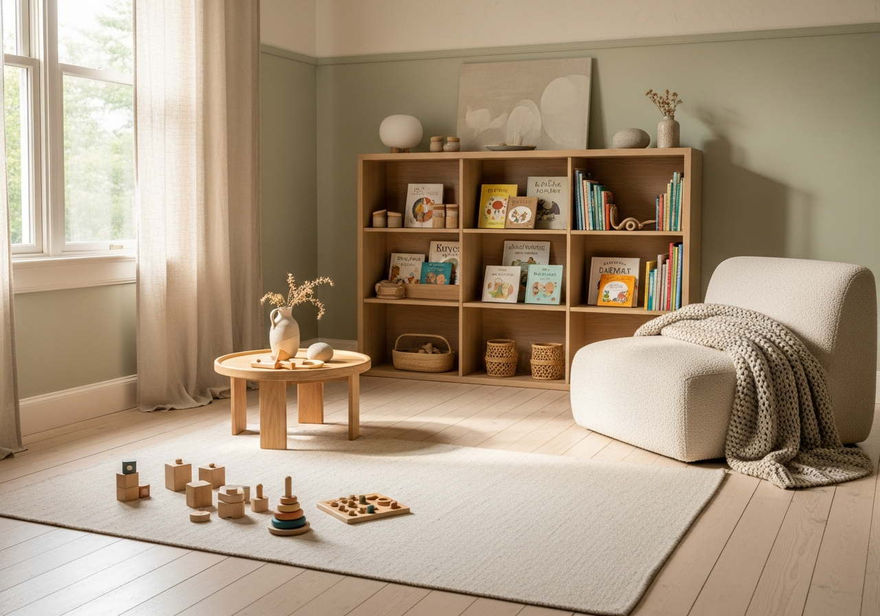 Wooden learning materials and open notebook