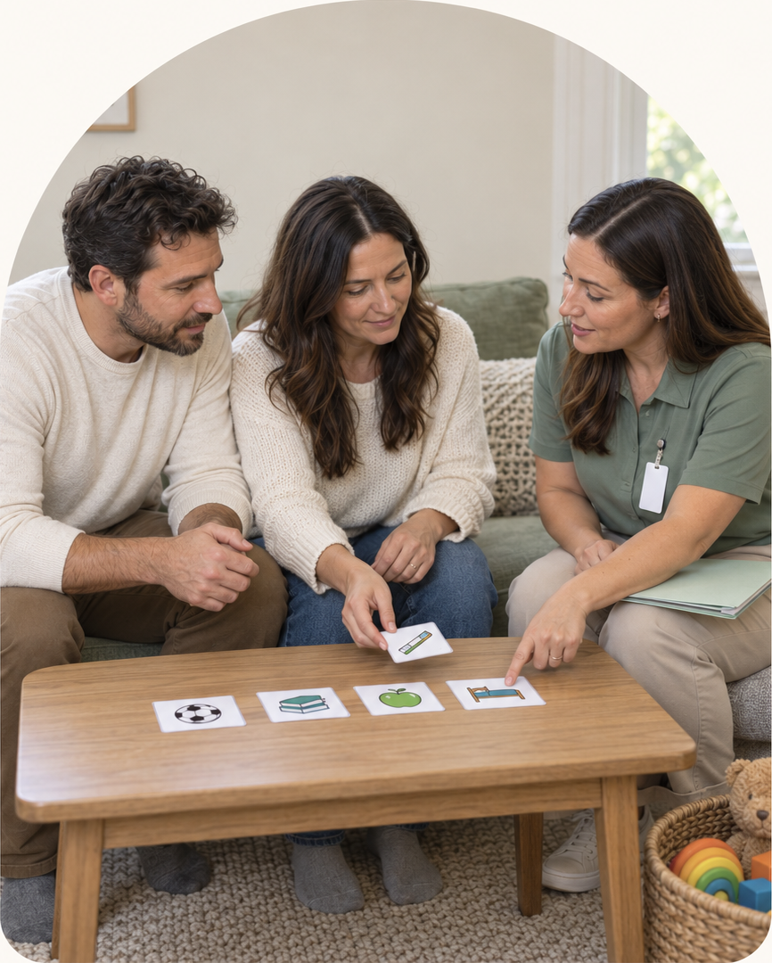 Two parents and a Centerbrite BCBA using picture communication cards together at home